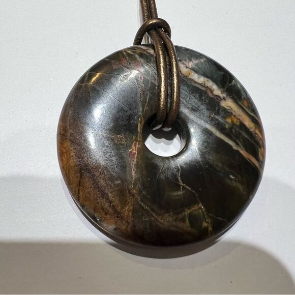 Semi Precious Stone Donut Pendant Necklace with Gold leather Cord - Picture 5 of 5